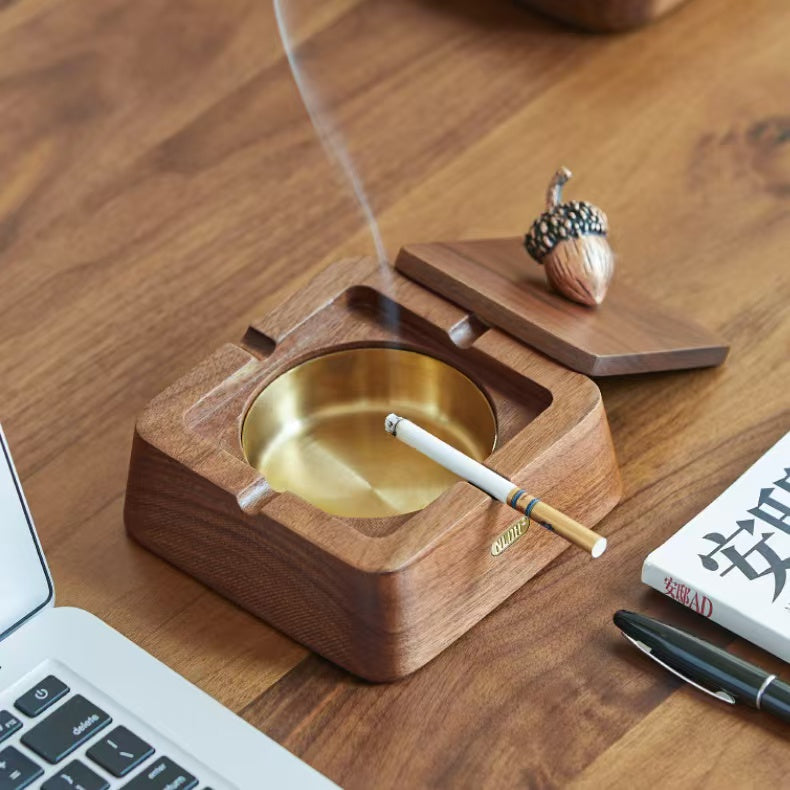 Ashtrays for Cigarettes Ash Tray with Lid, Wooden Ashtray with Stainless Steel Portable Decorative Ashtray Windproof Ashtray for Home, Patio, Office, Outdoors, Indoor, Parties