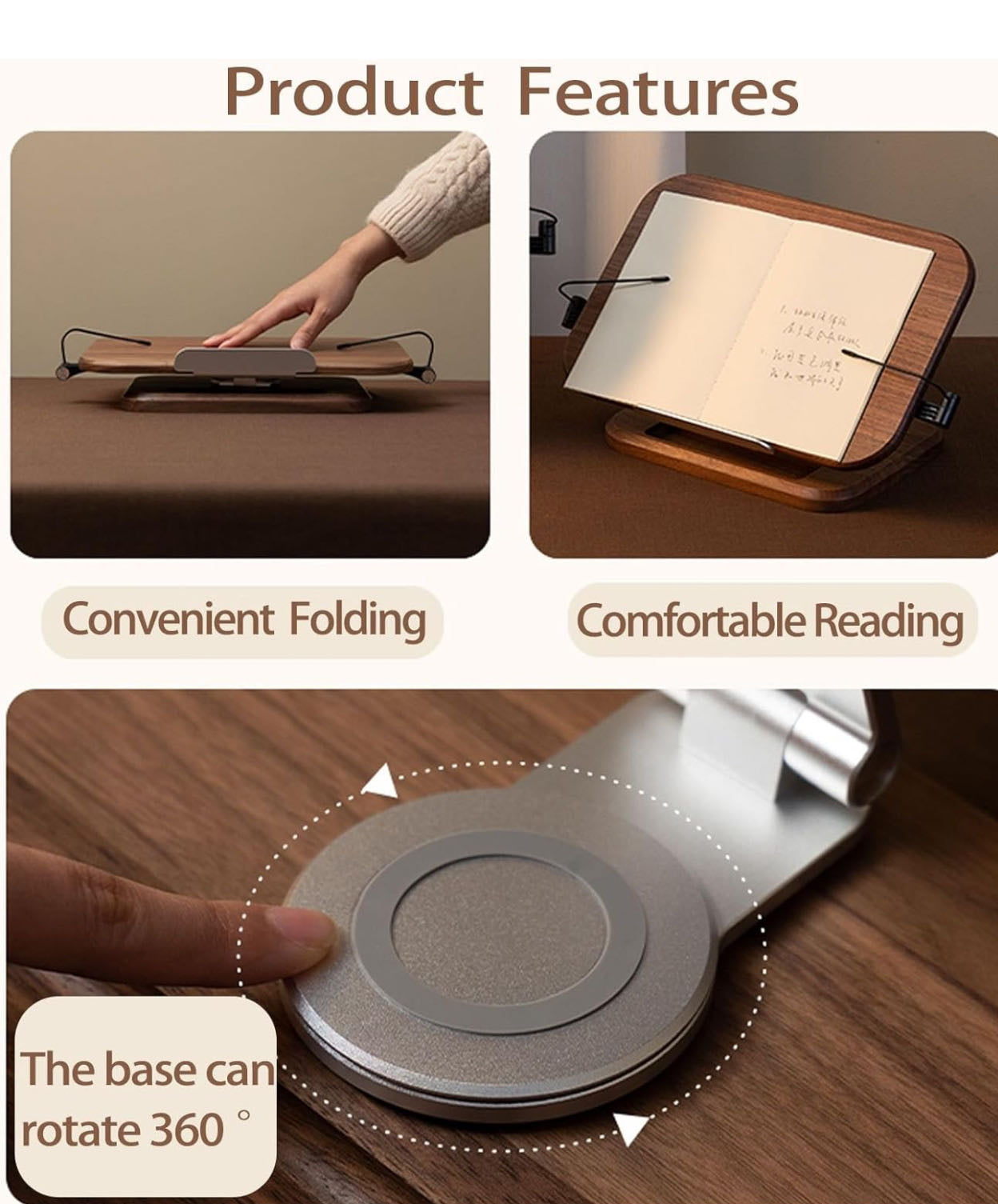 360° Rotating Adjustable Book Stand – Foldable, Multi-Angle Holder with Page Clips