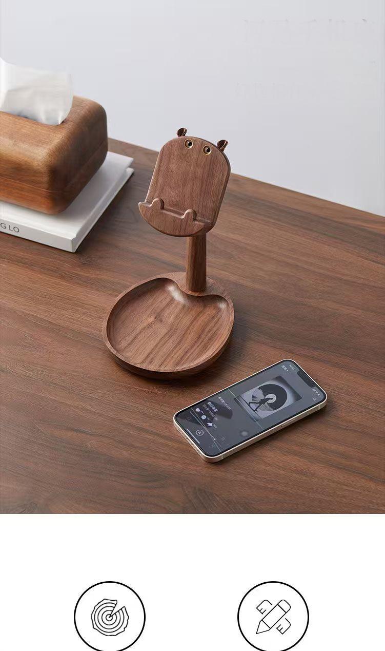 Adjustable black walnut Hippo phone stand and jewelry tray Bluetooth headset tray