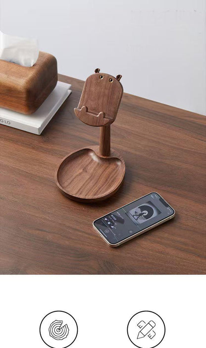 Adjustable black walnut Hippo phone stand and jewelry tray Bluetooth headset tray