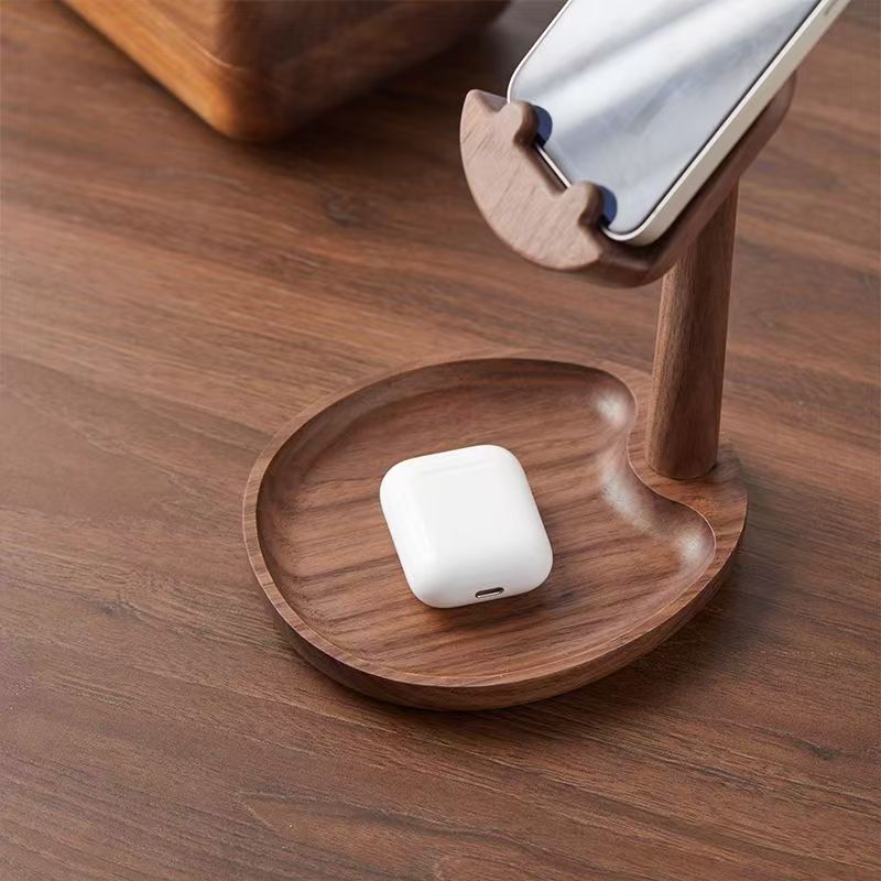 Adjustable black walnut Hippo phone stand and jewelry tray Bluetooth headset tray