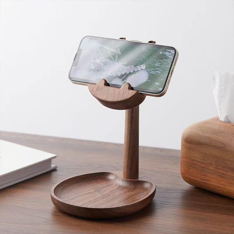 Adjustable black walnut Hippo phone stand and jewelry tray Bluetooth headset tray