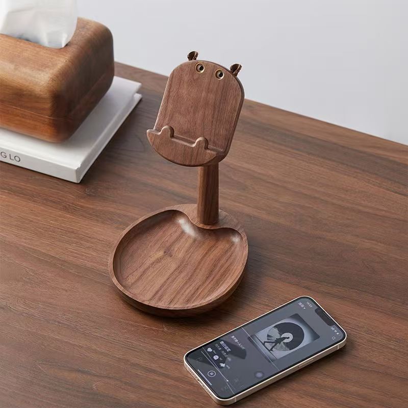 Adjustable black walnut Hippo phone stand and jewelry tray Bluetooth headset tray