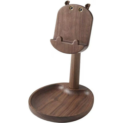 Adjustable black walnut Hippo phone stand and jewelry tray Bluetooth headset tray