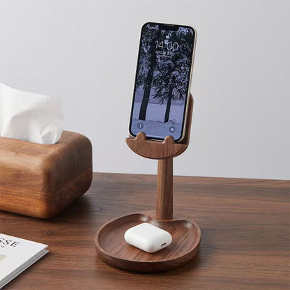 Adjustable black walnut Hippo phone stand and jewelry tray Bluetooth headset tray