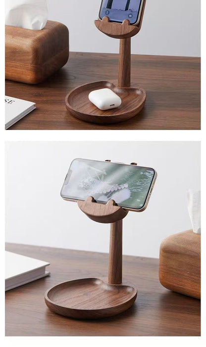 Adjustable black walnut Hippo phone stand and jewelry tray Bluetooth headset tray